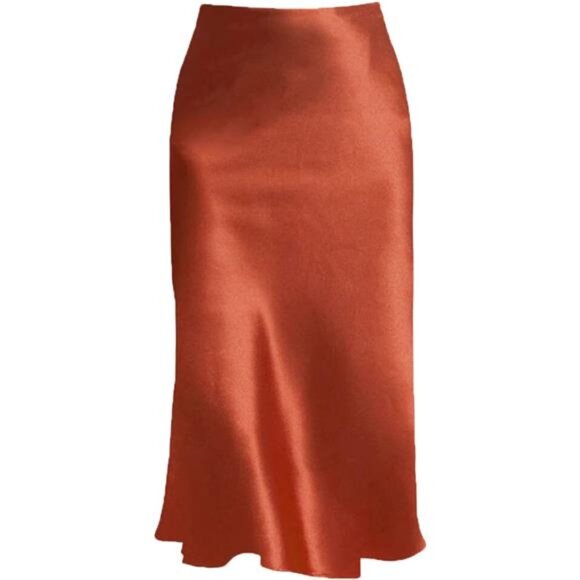 Dresses & Skirts - Women Midi Length High Waist Satin Orange